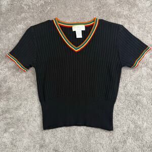 Vtg Black Cropped Short Sleeve V Neck Sweater Rainbow Trim Size M Express y2k